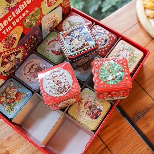 12pcsSquare Christmas Candy Gift Tin Box New Year Kids Gift Packing Box Christmas Santa Claus Baking biscuits Printed Sealed Jar