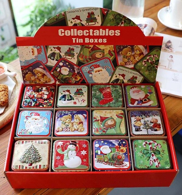 12pcsSquare Christmas Candy Gift Tin Box New Year Kids Gift Packing Box Christmas Santa Claus Baking biscuits Printed Sealed Jar